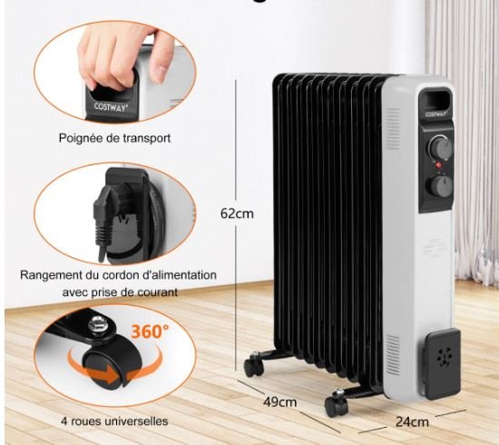 Oil Electric Radiator Space Heater 2000W 3 Power 9 Elements Double Protection