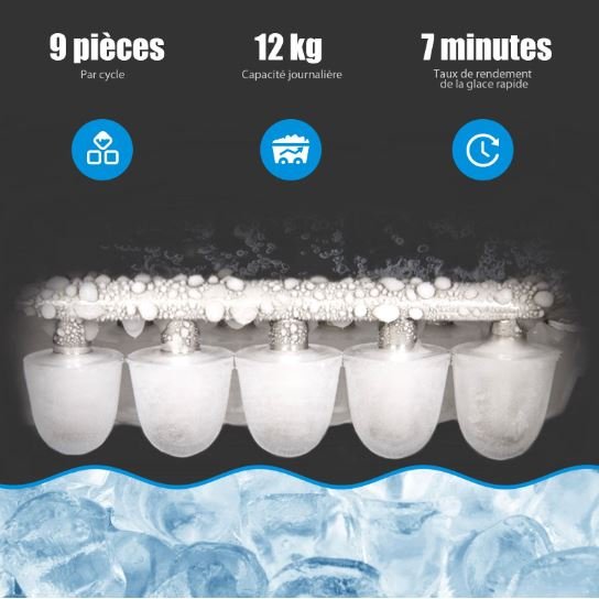 Ice Cube Maker 12KG/24H 2 Ice Cubes Sizes 2.1L Tank 9pcs in 7 Minutes