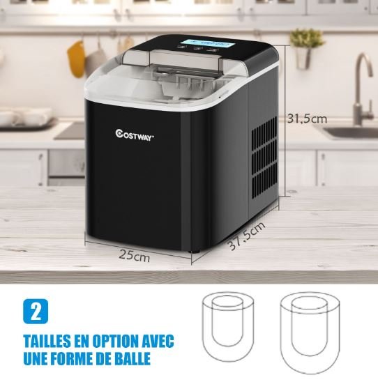 Ice Cube Maker 12KG/24H 2 Ice Cubes Sizes 2.1L Tank 9pcs in 7 Minutes