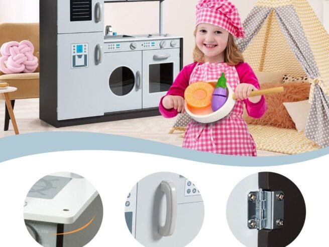 Wooden Children's Kitchen Sounds Real Toy Cooker Oven Microwave Refrigerator