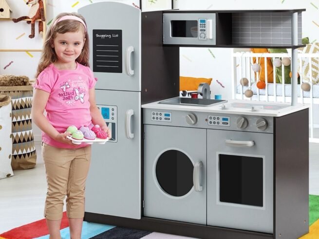 Wooden Children's Kitchen Sounds Real Toy Cooker Oven Microwave Refrigerator