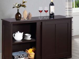 Buffet Kitchen Cabinet in MDF 2 Storage Shelves Sliding Doors Brown