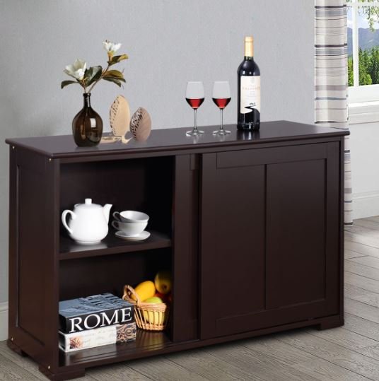 Buffet Kitchen Cabinet in MDF 2 Storage Shelves Sliding Doors Brown