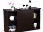 Buffet Kitchen Cabinet in MDF 2 Storage Shelves Sliding Doors Brown