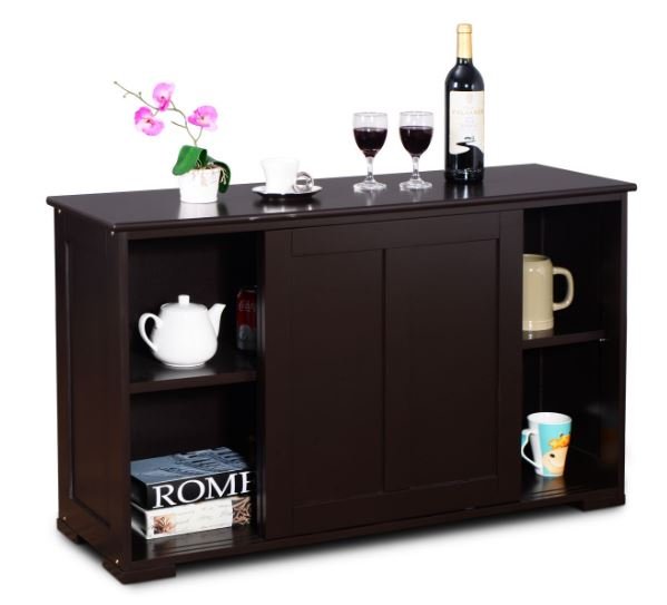 Buffet Kitchen Cabinet in MDF 2 Storage Shelves Sliding Doors Brown