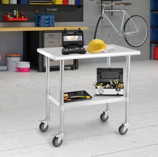 Stainless Steel Kitchen Work Table 2 Layers 4 Wheels 91.5 x 61 x 88.5CM