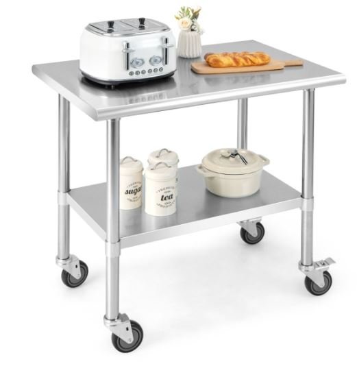 Stainless Steel Kitchen Work Table 2 Layers 4 Wheels 91.5 x 61 x 88.5CM