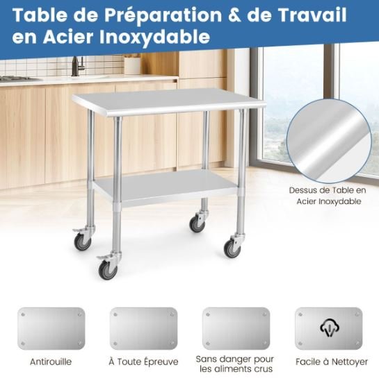 Stainless Steel Kitchen Work Table 2 Layers 4 Wheels 91.5 x 61 x 88.5CM