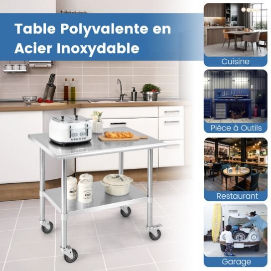 Stainless Steel Kitchen Work Table 2 Layers 4 Wheels 91.5 x 61 x 88.5CM