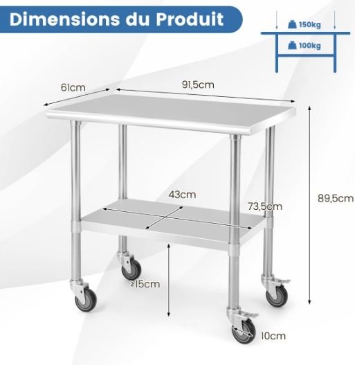 Stainless Steel Kitchen Work Table 2 Layers 4 Wheels 91.5 x 61 x 88.5CM