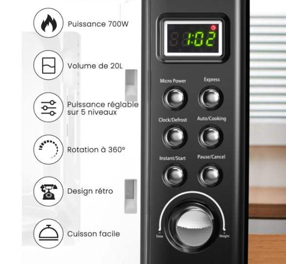 Microwave 20 L 700 W Retro Style 5 Levels 8 Menus Intelligent LED 1H Timer