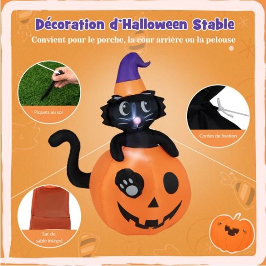 Inflatable Halloween Pumpkin Black Cat Decoration LED Lights 150 cm