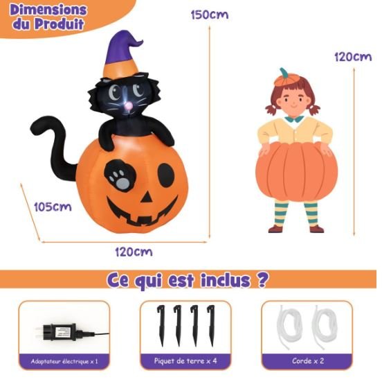 Inflatable Halloween Pumpkin Black Cat Decoration LED Lights 150 cm