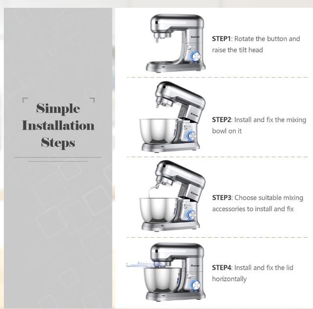 Food Processor 1300W Stand Mixer 4.5L Stainless Steel Bowl 8 Adjustable Speeds