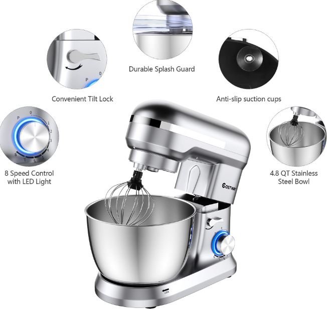 Food Processor 1300W Stand Mixer 4.5L Stainless Steel Bowl 8 Adjustable Speeds