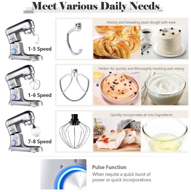 Food Processor 1300W Stand Mixer 4.5L Stainless Steel Bowl 8 Adjustable Speeds