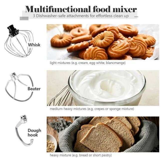 Food Processor 1300W Stand Mixer 4.5L Stainless Steel Bowl 8 Adjustable Speeds