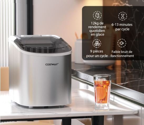 Ice Cube Maker 12KG/24H 2 Ice Cubes Sizes 2.2L Tank 9pcs in 6 Minutes