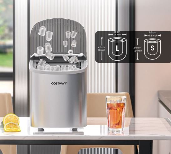 Ice Cube Maker 12KG/24H 2 Ice Cubes Sizes 2.2L Tank 9pcs in 6 Minutes