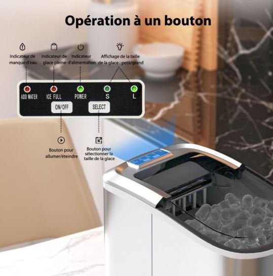 Ice Cube Maker 12KG/24H 2 Ice Cubes Sizes 2.2L Tank 9pcs in 6 Minutes