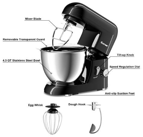 Food Processor 1300W Stand Mixer 4L Stainless Steel Bowl 6 Adjustable Speeds