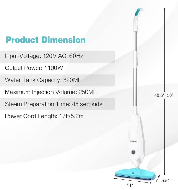 1300W Portable Steam Mop 250ml Water Tank 3 Accessories