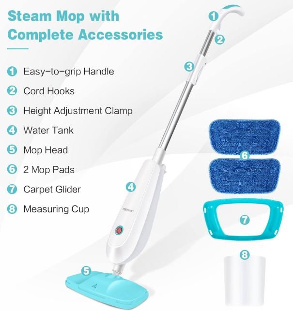 1300W Portable Steam Mop 250ml Water Tank 3 Accessories