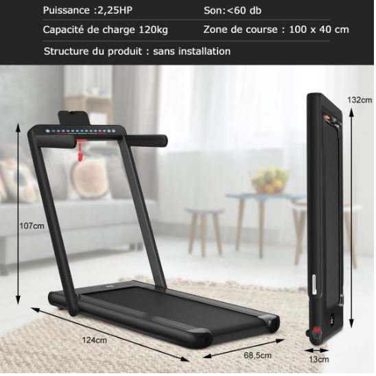 Foldable Treadmill 0.75HP Double LED Display APP 12 km/h Black