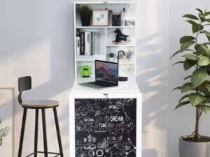 White Folding Wall Table Desk with Blackboard Integrated Shelf