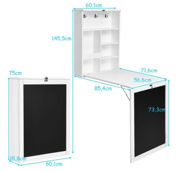 White Folding Wall Table Desk with Blackboard Integrated Shelf