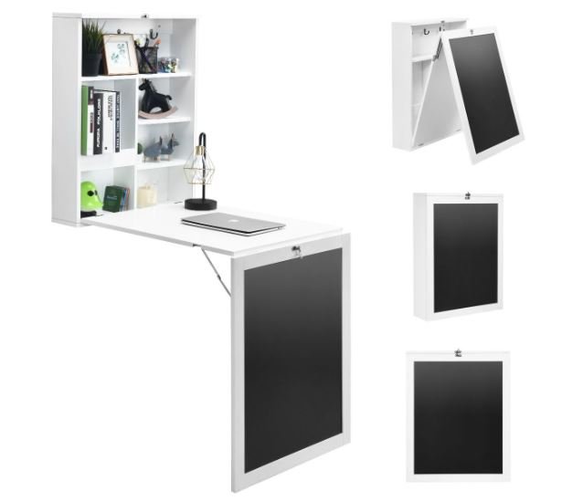 White Folding Wall Table Desk with Blackboard Integrated Shelf