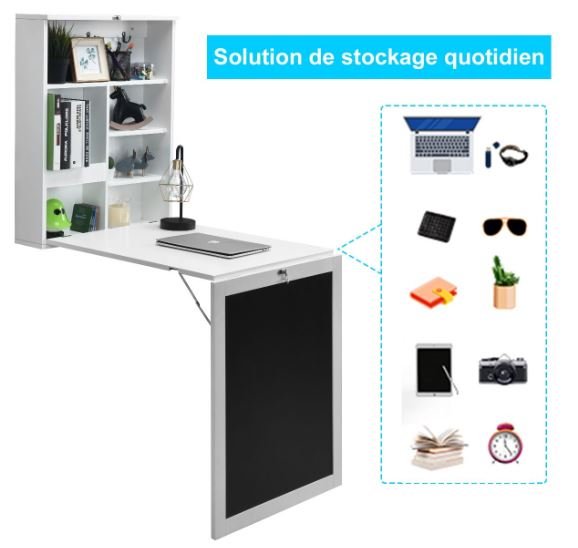 White Folding Wall Table Desk with Blackboard Integrated Shelf