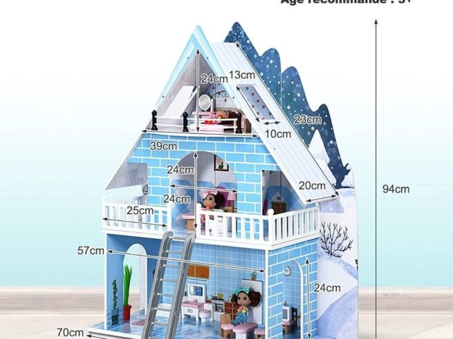 Wooden Dollhouse Dream Doll House 3-Level 15 Furniture 3 Dolls