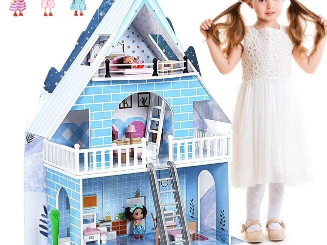 Wooden Dollhouse Dream Doll House 3-Level 15 Furniture 3 Dolls