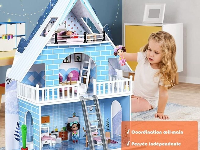 Wooden Dollhouse Dream Doll House 3-Level 15 Furniture 3 Dolls