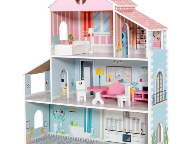 Wooden Dollhouse 8 Accessory 3 Floors Doll House 71 x 23.5 x 87 CM