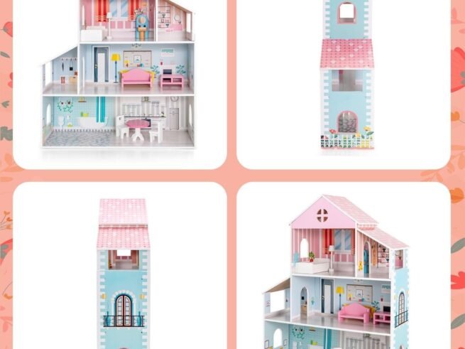 Wooden Dollhouse 8 Accessory 3 Floors Doll House 71 x 23.5 x 87 CM