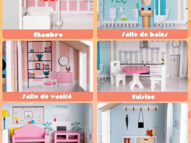 Wooden Dollhouse 8 Accessory 3 Floors Doll House 71 x 23.5 x 87 CM