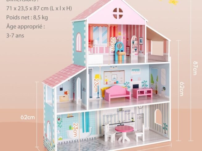 Wooden Dollhouse 8 Accessory 3 Floors Doll House 71 x 23.5 x 87 CM