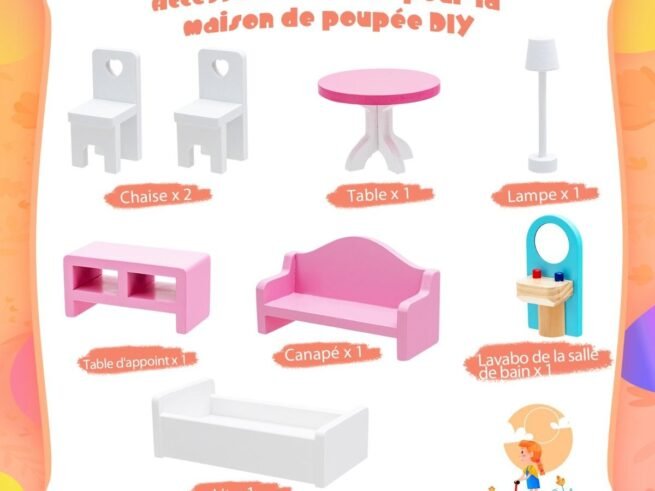 Wooden Dollhouse 8 Accessory 3 Floors Doll House 71 x 23.5 x 87 CM