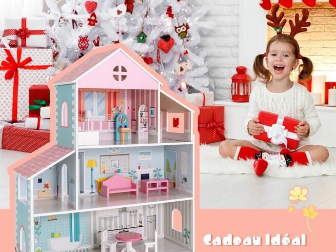 Wooden Dollhouse 8 Accessory 3 Floors Doll House 71 x 23.5 x 87 CM