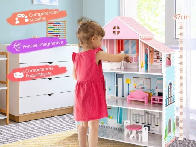 Wooden Dollhouse 8 Accessory 3 Floors Doll House 71 x 23.5 x 87 CM
