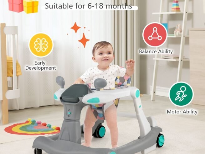 Foldable Baby Walker 2 in 1 Adjustable Height and Speed Sound Effect with Lights