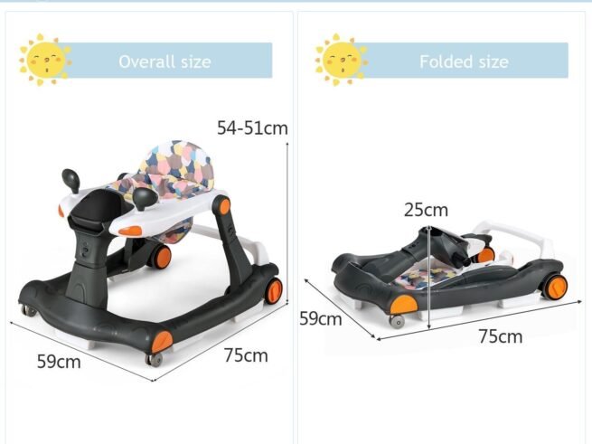 Foldable Baby Walker 2 in 1 Adjustable Height and Speed ​​Sound Effect with Lights