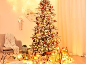 Long Snowy Artificial Christmas Tree 210cm White Pine Cones 1108 Branches