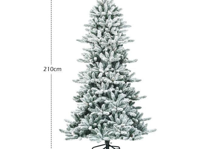 Long Snowy Artificial Christmas Tree 210cm White Pine Cones 1108 Branches