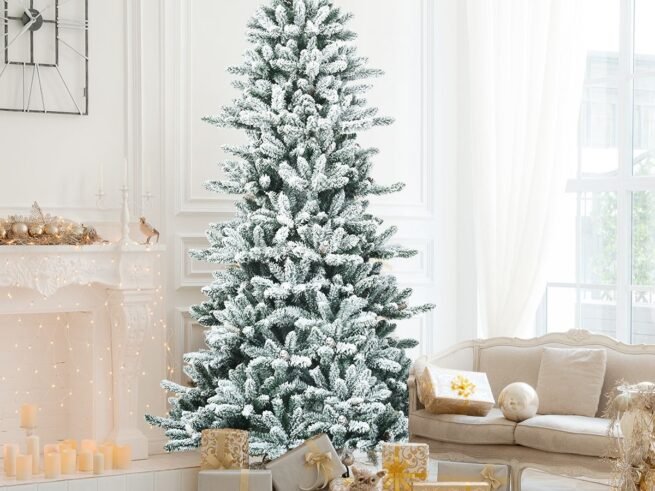 Long Snowy Artificial Christmas Tree 210cm White Pine Cones 1108 Branches