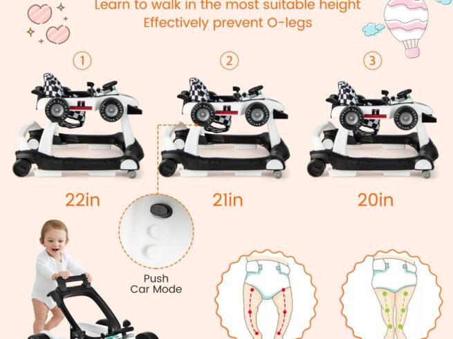 Foldable Baby Walker 4 in 1 Pusher Adjustable Height and Speed Music Box with Light