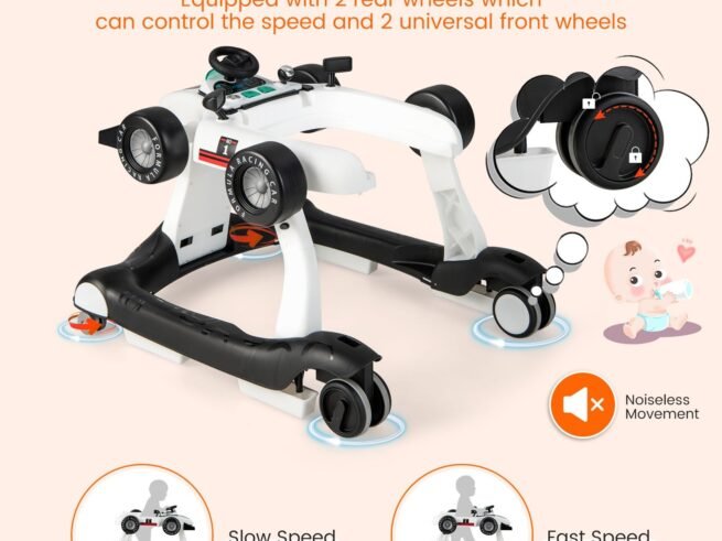 Foldable Baby Walker 4 in 1 Pusher Adjustable Height and Speed Music Box with Light