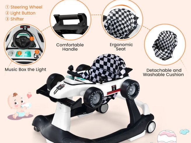 Foldable Baby Walker 4 in 1 Pusher Adjustable Height and Speed Music Box with Light